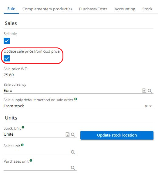 1.3 Check the box Update sales price from cost price. An automatic update of the sales price will take place according to what has been defined at cost price level in the Purchases/Costs tab.